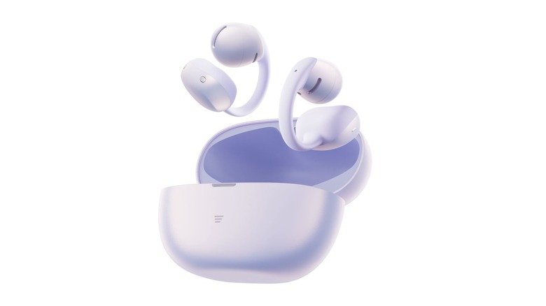 The Shokz OpenDots Air wireless earbuds outside of their charging case, on a white background.