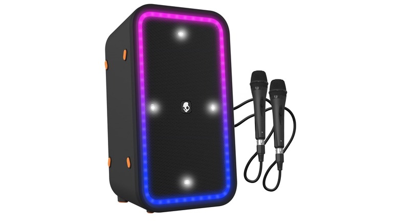The Skullcandy Stomp XL Max party speaker with two microphones, on a white background.