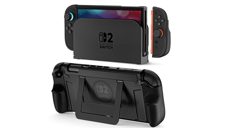 The front and back view of the COOWPS P2 split case, installed on a Switch 2.