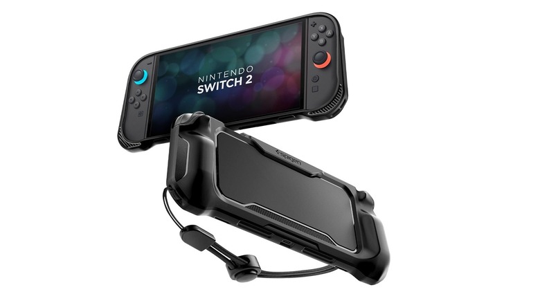 The front and back view of the Spigen rugged armor case on a Switch 2.