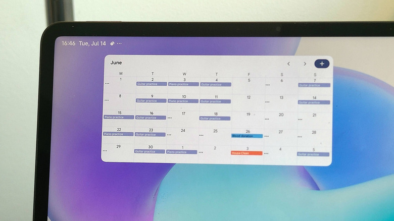 The home screen of an Android tablet, showing the calendar app.