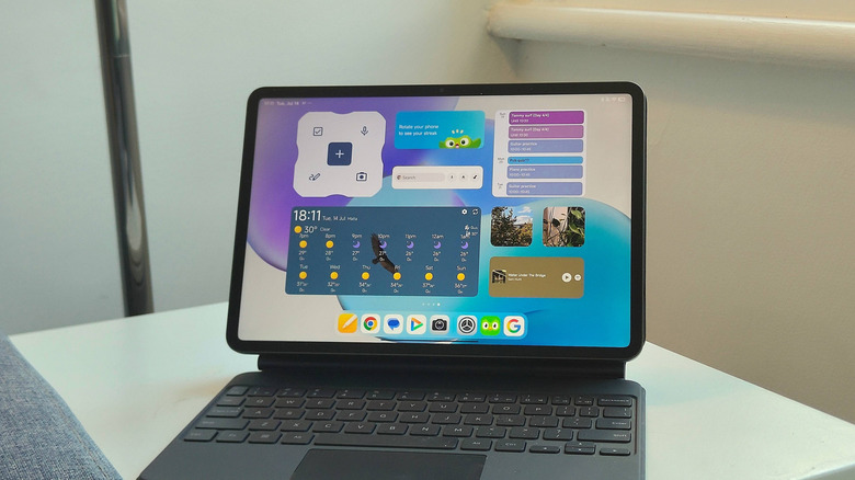 An Android tablet showing a collection of widgets.