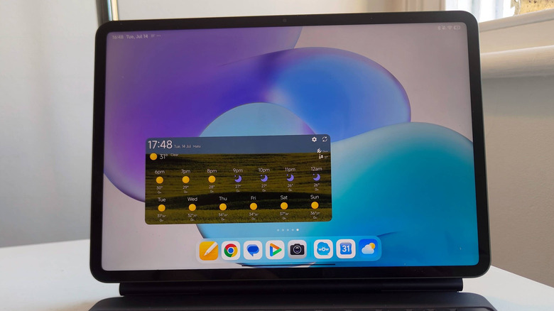The home screen of an Android tablet, showing the Weawow Weather widget.
