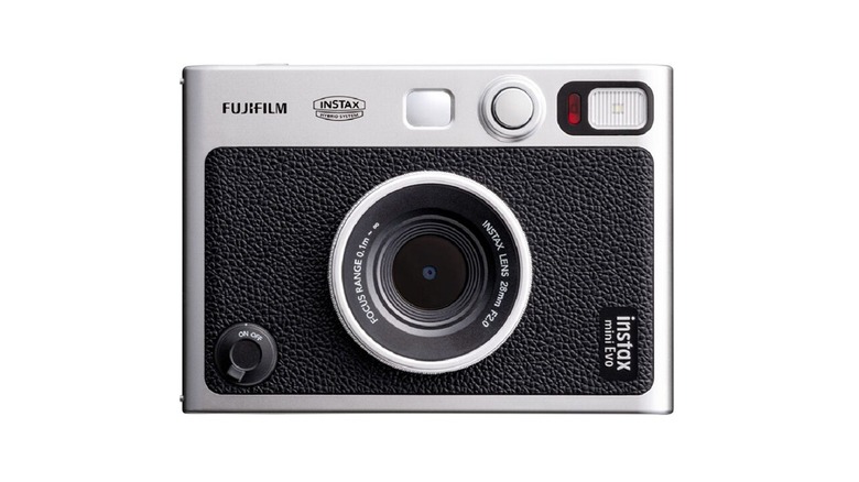 The Fujifilm Instax Mini Evo instant camera on a white background.