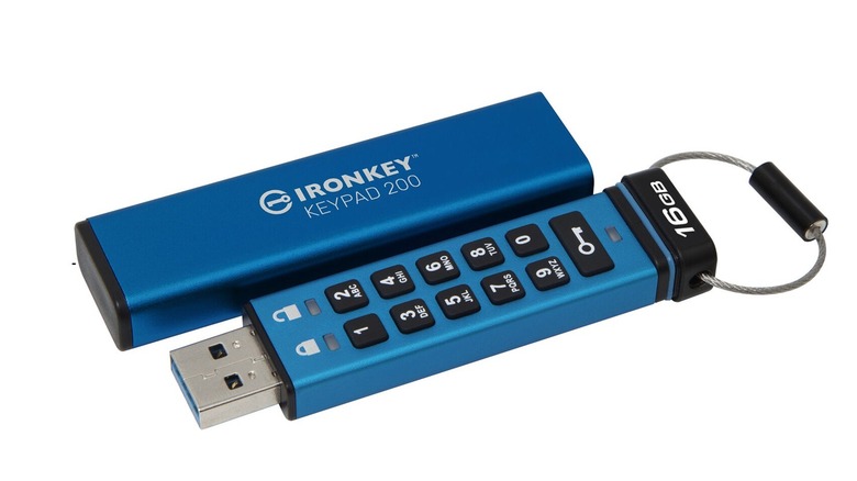 The Kingston IronKey Keypad 200 flash drive with its cover, on a white background.