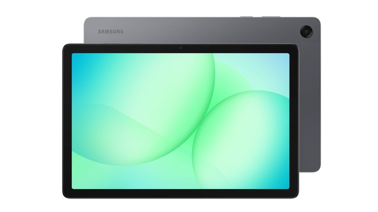 The Samsung Galaxy Tab A11+ tablet with a colorful screen, on a white background.