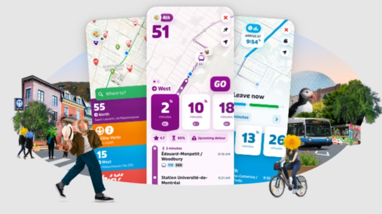 Various sections of the Transit app