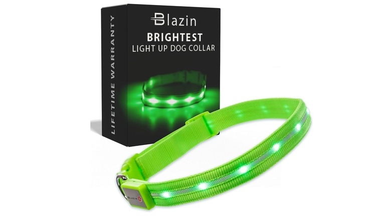 The Blazin LED dog collar in green, with its box.