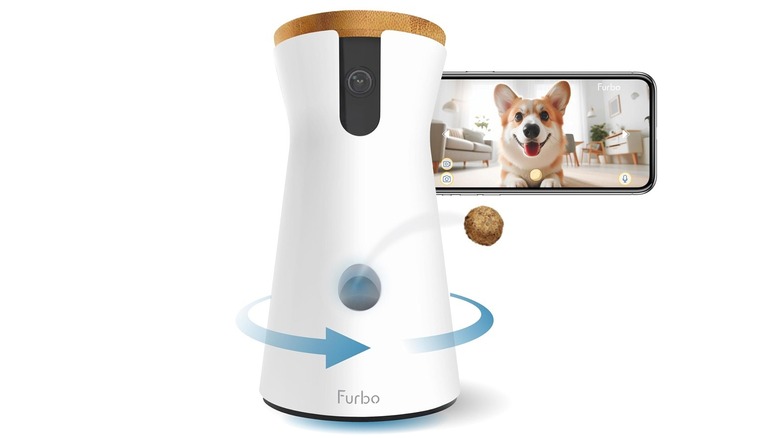The Furbo 360 Dog Camera tossing a treat out, with the companion app showing a livestream, on a white background.