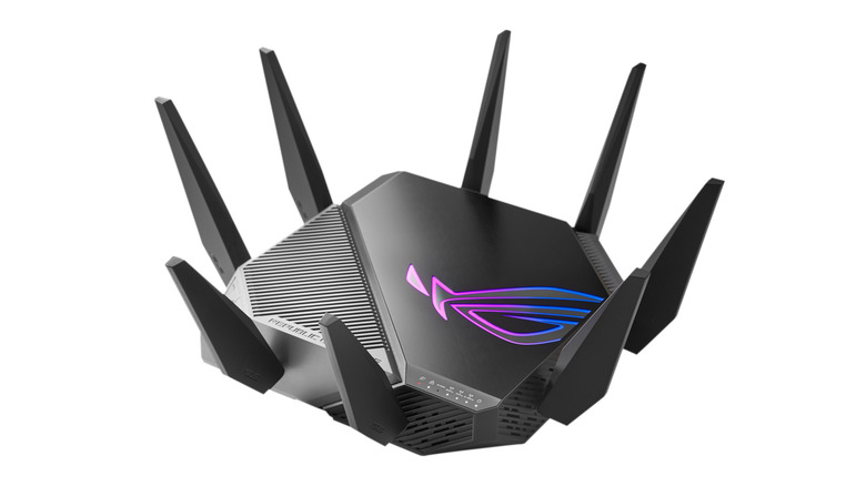 A black gaming router with blue and purple graphics and eight antennae on a white background.