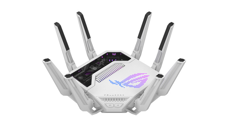 A white router with purple graphics and eight antennae on a white background.