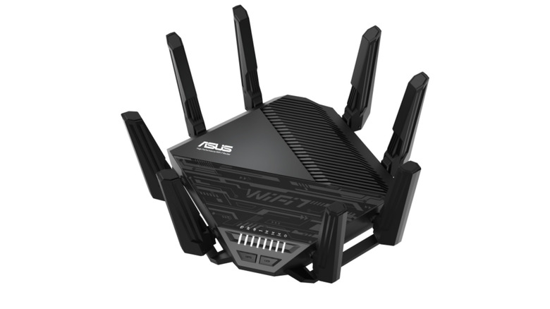 A black gaming router with eight antennae on a white background.