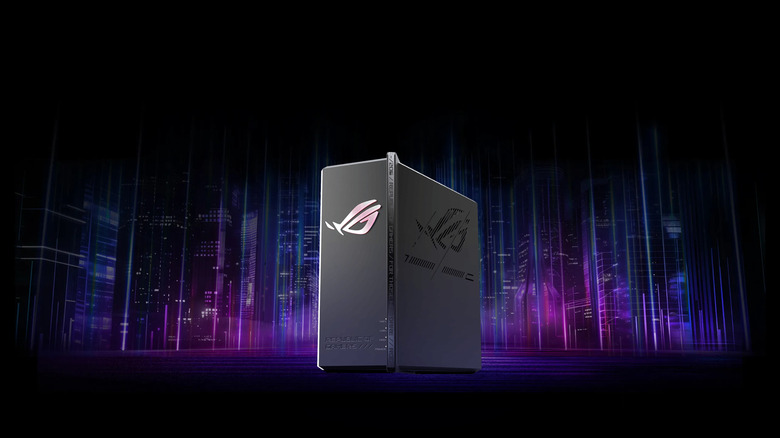 A rectangular gaming router on a black and purple cityscape background.