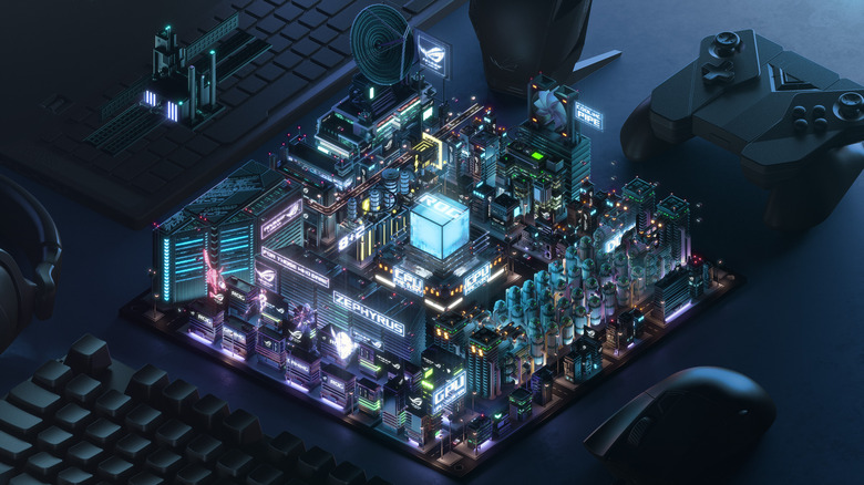 A graphic of a complex, illuminated cityscape on a small square, surrounded by PC peripherals.