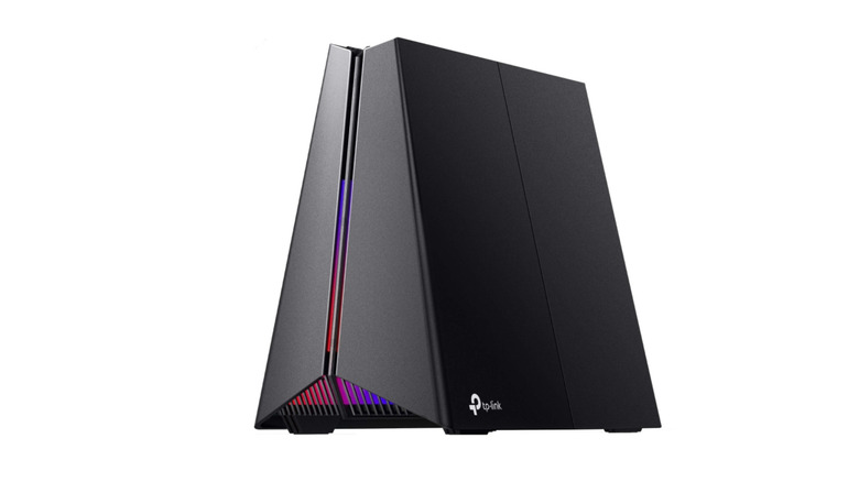A black, triangular gaming router on a white background.
