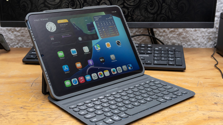 An iPad in a rugged case.