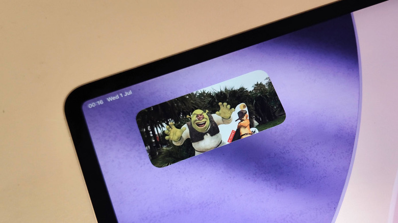 An iPad, showing a Photos widget of a man in a Shrek display.