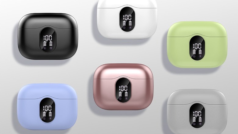 Wireless earbuds in different colors against a white background.