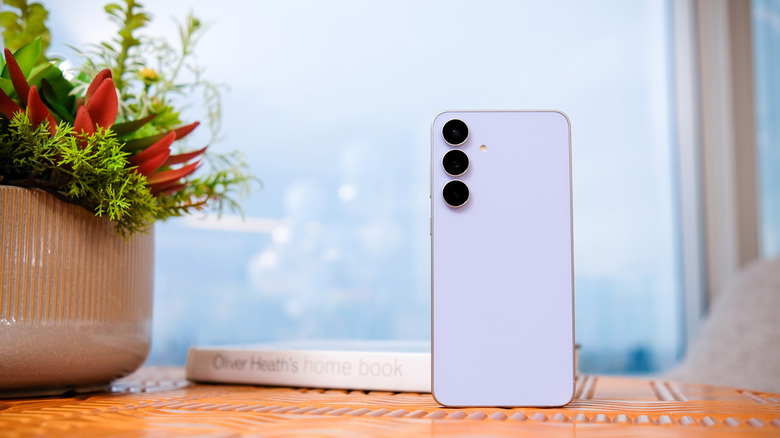 The Samsung Galaxy S25 FE, propped up in front of a window