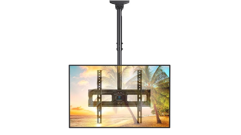 A transparent TV attached to a ceiling mount against a white background.