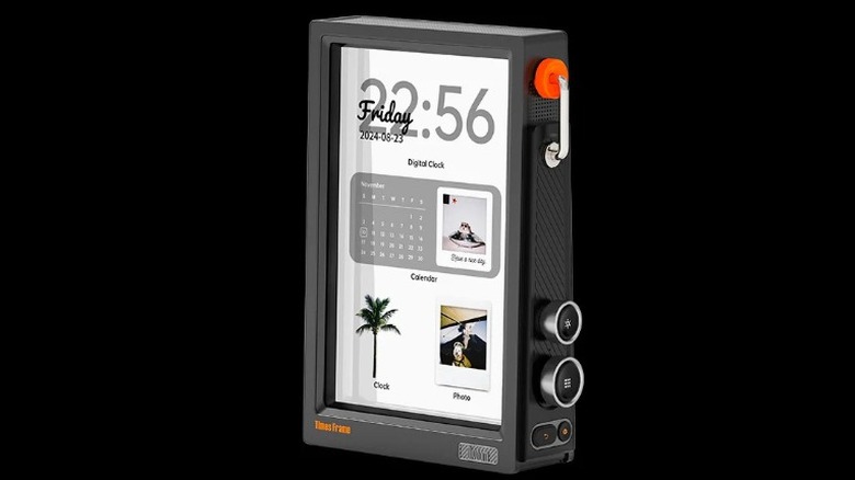 An image render of the Divoom Timesframe digital picture frame displaying the time, calendar, date, and a photo