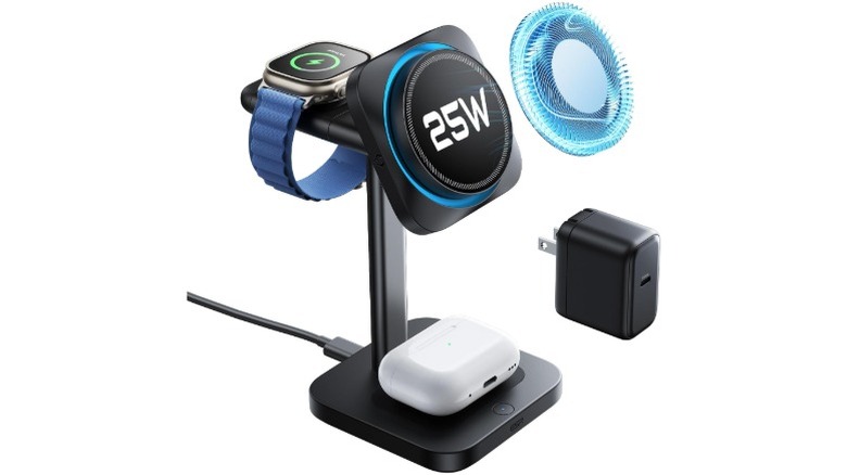 An image render of the ESR 3-in-1 MagSafe Charging Station with AirPods, power brick, cable, and Apple Watch attached to it