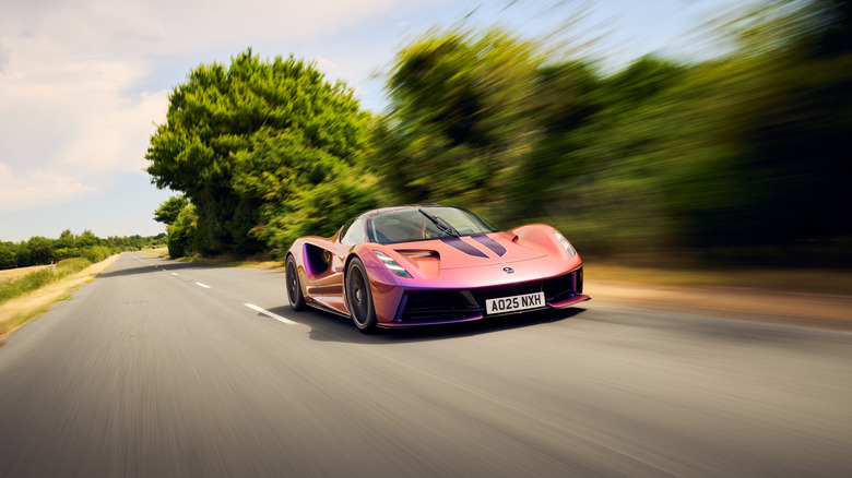 The Lotus Evija driving on a racetrack