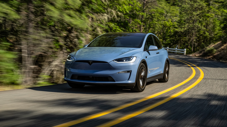 The Tesla Model X zooming down a road in a forest