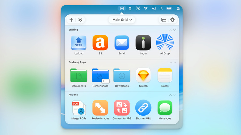 Dropzone menu bar app showing all available drop-in options.