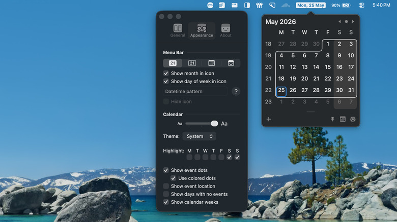 Showing customized calendar from menu bar and settings options.