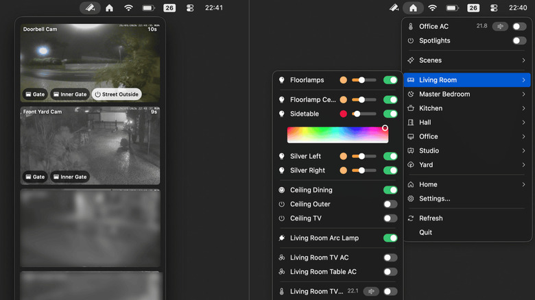 Itsyhome app showing smart home controls and camera previews from the menu bar.