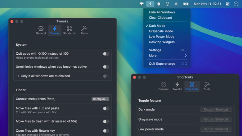 Supercharge app showing tweaks and settings, along with the shortcuts in the menu bar app.