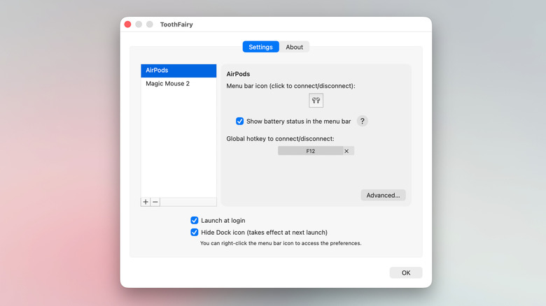 ToothFairy app showing customization options for menu bar shortcuts.