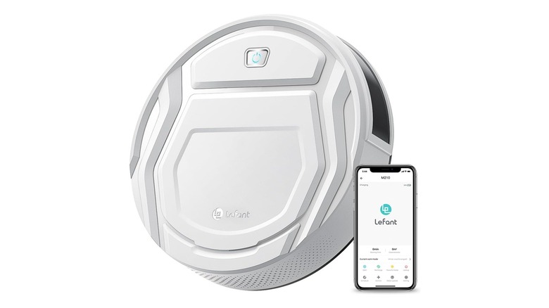 The Lefant M210 robot vacuum and its companion app on a smartphone, on a white background.