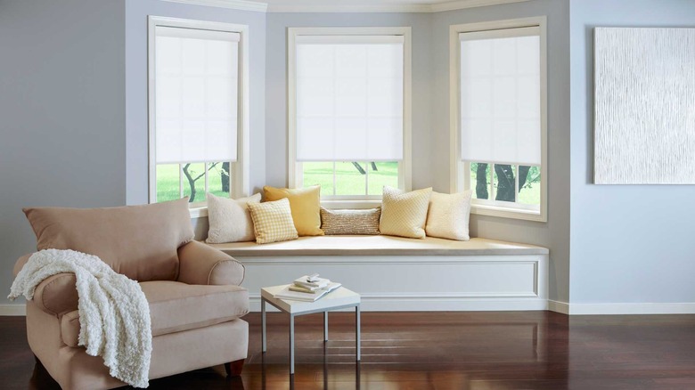 Couch and pillows in front of windows with Serena shades