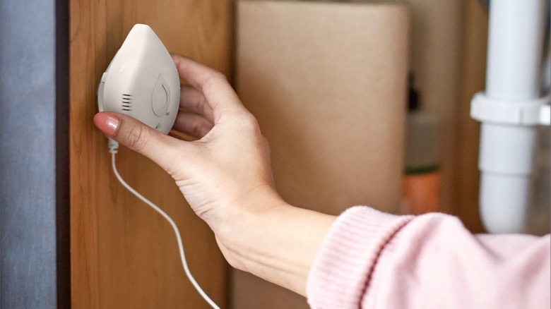Person holding Moen Flo smart water leak detector against wooden surface
