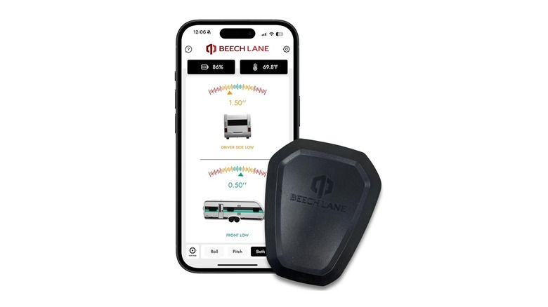 The Beech Lane BL-209-A leveling system with its app shown on a phone, on a white background.