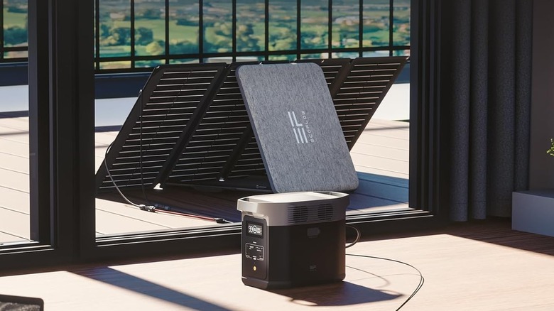 The EcoFlow Delta 2 power station, charging with solar panels.