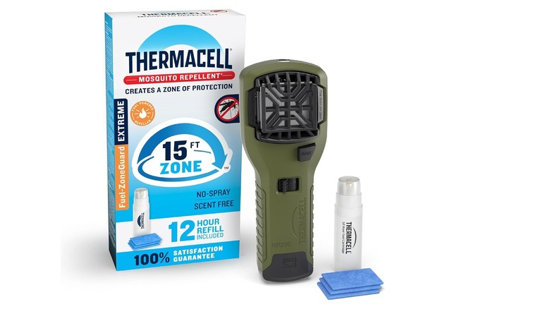 The Thermacell MR300 mosquito repeller with its box, on a white background.