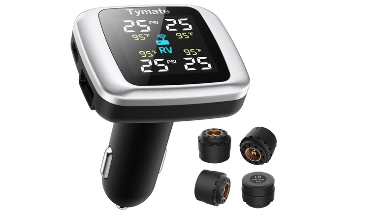 The Tymate TM7 tire pressure monitoring system with its sensors, on a white background.