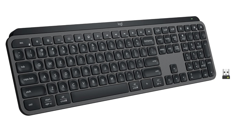 The Logitech MX Keys S keyboard with its USB receiver against a white background.