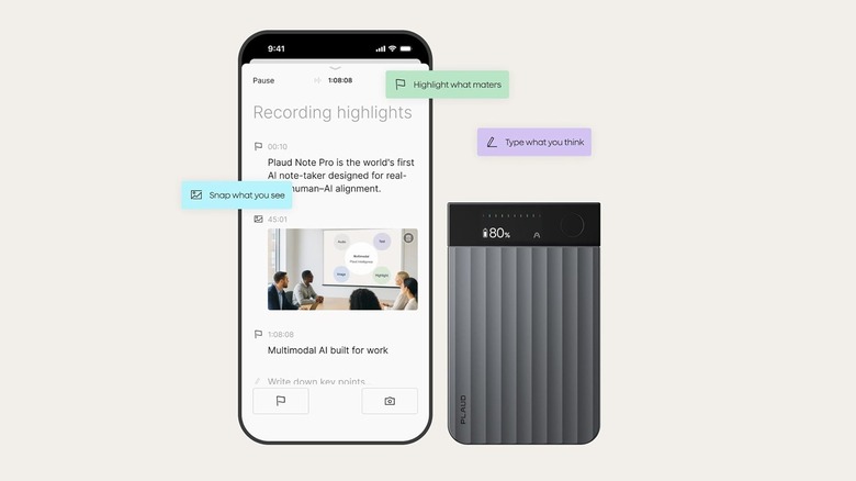 The Plaud Note Pro voice recorder and its companion app on a smartphone against an off-white background.