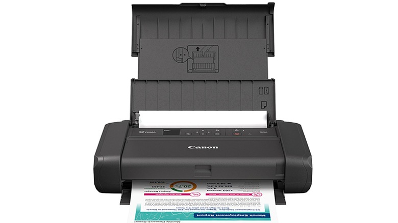 A product render of the Canon Pixma TR160 portable printer.