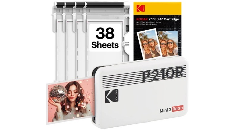 A product render of the Kodak Mini 2 Retro instant printer.