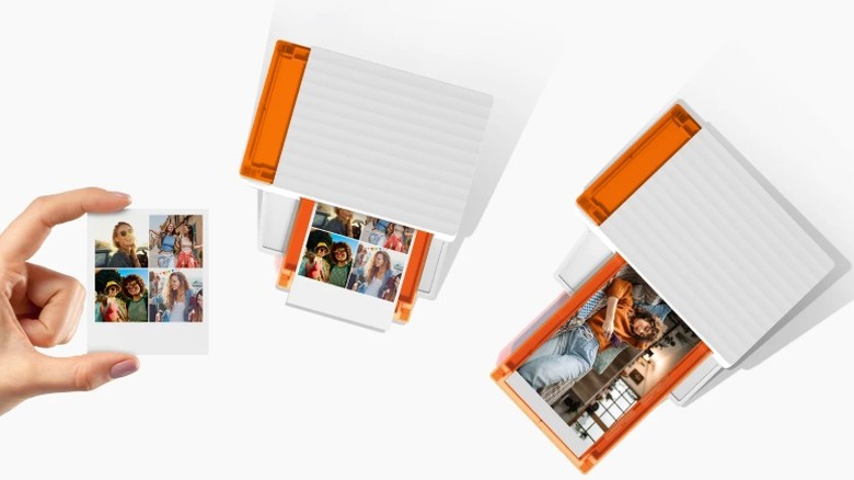 A pair of Liene Amber M110 portable printers seen printing a 4-by-6 and 3-by-3 image. A person holds up a printed photo next to them.