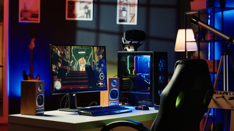 A PC gaming setup with multiple accessories on display.
