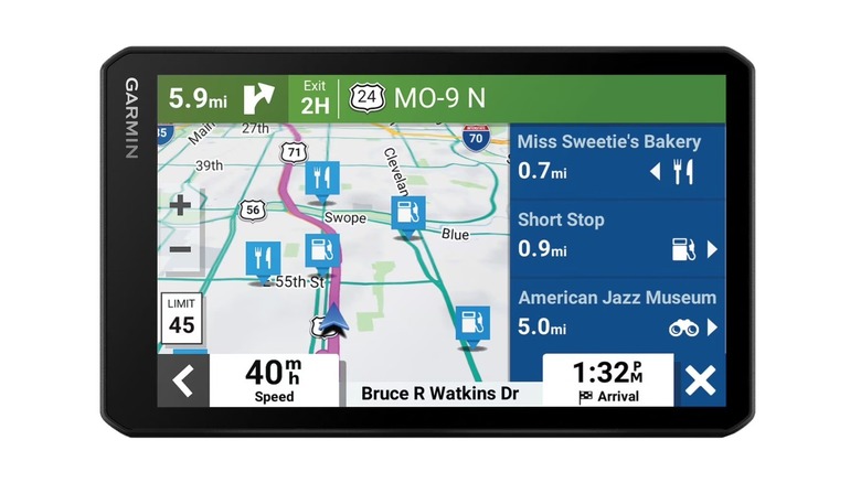 The Garmin DriveCam 76 GPS dash cam showing directions, on a white background.