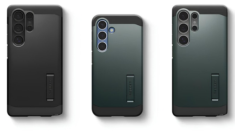 3 spigen covers backview on the Galaxy S25 series phones
