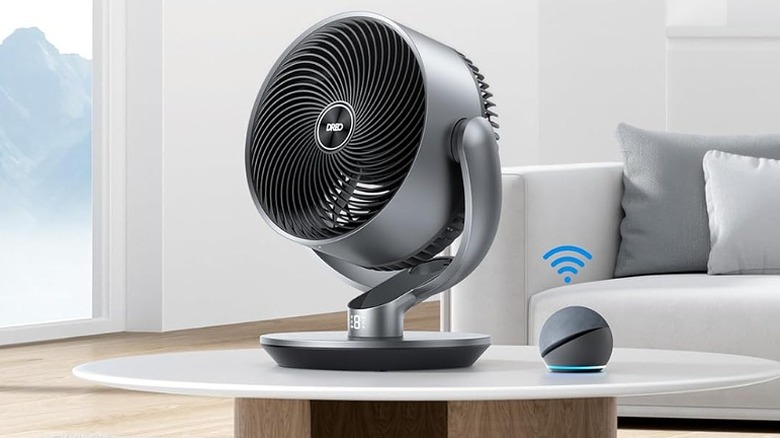 Dreo fan placed in a living room alongside Echo Dot