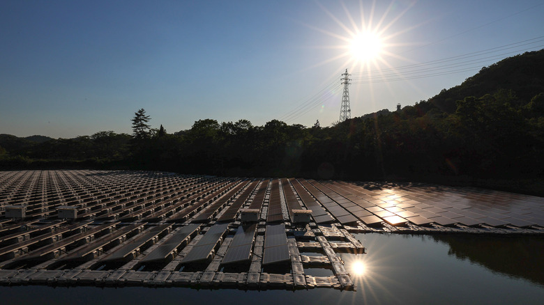 A floating array of solar panels on a lake